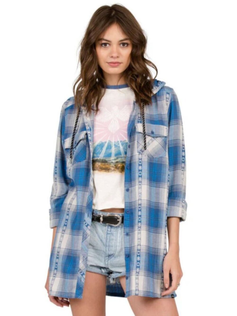 VOLCOM SALT FIX Plaid Hooded Flannel Button Front Lightweight Shacket S